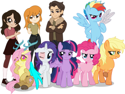 Size: 1920x1443 | Tagged: safe, artist:limedazzle, character:applejack, character:fluttershy, character:pinkie pie, character:rainbow dash, character:rarity, character:twilight sparkle, character:twilight sparkle (alicorn), oc, oc:danny williams, oc:molly brunner, oc:morgan brunner, species:alicorn, species:draconequus, species:human, species:pony, fanfic:my little pony: the unexpected future, g4, alternate timeline, amputee, apocalypse dash, artificial wings, augmented, biohacking, crystal war timeline, draconequified, flutterequus, mane six, mechanical wing, scar, simple background, species swap, transparent background, wings