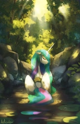 Size: 2650x4096 | Tagged: safe, artist:anticular, character:princess celestia, species:alicorn, species:pony, g4, bathing, crepuscular rays, eyes closed, female, floppy ears, forest, high res, lily pad, mare, scenery, smiling, solo, water, wet, wet mane