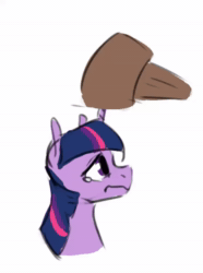 Size: 692x932 | Tagged: safe, artist:anticular, character:twilight sparkle, character:twilight sparkle (alicorn), species:alicorn, species:pony, g4, abuse, animated, bonk, bust, cartoon violence, female, frown, hammer, looking up, loop, mallet, mare, no sound, sad, simple background, solo, squishy, teary eyes, twilybuse, wat, wavy mouth, webm, white background
