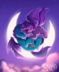 Size: 2399x2915 | Tagged: safe, artist:oofycolorful, oc, oc only, oc:midnight mist, oc:sugar spirits, species:bat pony, species:pony, g4, bat pony oc, bat wings, crescent moon, duo, eyes closed, moon, night, transparent moon, wings