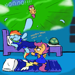 Size: 800x800 | Tagged: dead source, safe, artist:ichibangravity, character:rainbow dash, character:scootaloo, character:tank, species:pegasus, species:pony, adult fear, crying, nightmare, scootaloo can't fly, scootalove, sisterly love, sleeping, sleeping bag
