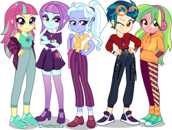 Size: 6015x4550 | Tagged: safe, artist:limedazzle, character:indigo zap, character:lemon zest, character:sour sweet, character:sugarcoat, character:sunny flare, g4, my little pony:equestria girls, absurd resolution, casual, clothing, converse, crossed arms, crystal prep shadowbolts, female, freckles, goggles, group, hands in pockets, hands on hip, headphones, jacket, lidded eyes, one eye closed, pants, shadow five, shadowbolts, shoes, simple background, skirt, smiling, transparent background, wink, wristband
