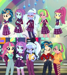 Size: 1280x1436 | Tagged: safe, artist:3d4d, artist:limedazzle, edit, character:indigo zap, character:lemon zest, character:sour sweet, character:sugarcoat, character:sunny flare, g4, my little pony:equestria girls, clothing, crossed arms, crystal prep academy uniform, female, freckles, glasses, goggles, group, headphones, necktie, one eye closed, pants, school uniform, shadow five, skirt, wink