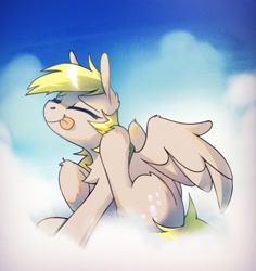 Size: 1066x1129 | Tagged: safe, artist:anticular, character:derpy hooves, species:pegasus, species:pony, g4, behaving like a dog, chest fluff, cloud, cute, derpabetes, ear fluff, ear scratch, eyes closed, female, leg fluff, mare, mlem, on a cloud, scratching, silly, silly pony, sitting, sky, solo, tongue out
