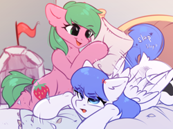 Size: 2732x2048 | Tagged: safe, artist:alphadesu, oc, oc only, oc:pine berry, oc:snow pup, species:earth pony, species:pegasus, species:pony, g4, bed, commission, feather, female, flag, hitting, lying down, mare, pillow, pillow fight, pillow fort, playing, sketch, slap, smiling, ych result