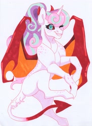 Size: 2713x3717 | Tagged: safe, artist:frozensoulpony, character:princess flurry heart, species:pony, g4, bat wings, colored sclera, devil horns, devil tail, older, one eye closed, solo, traditional art, wings, wink