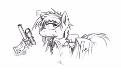 Size: 3000x1800 | Tagged: safe, artist:whitepone, oc, oc only, oc:littlepip, species:pony, species:unicorn, fallout equestria, black and white, clothing, fanfic, fanfic art, female, glowing horn, grayscale, gun, handgun, little macintosh, magic, mare, monochrome, pencil drawing, revolver, simple background, solo, telekinesis, traditional art, vault suit, weapon, white background