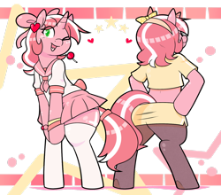 Size: 1280x1128 | Tagged: safe, artist:redintravenous, oc, oc only, oc:red ribbon, species:pony, bipedal, clothing, colored, heart, lollipop, plot, schoolgirl, stockings