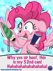 Size: 3456x4608 | Tagged: safe, artist:template93, character:pinkie pie, species:pegasus, species:pony, absurd resolution, clothing, crazy face, energy drink, faec, female, hand puppet, hat, mismatched eyes, party hat, red bull, red bull gives you wings, shrunken pupils, solo, wings, xk-class end-of-the-world scenario