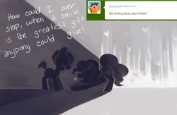 Size: 880x572 | Tagged: dead source, safe, artist:dhui, character:pinkie pie, filly, silhouette, tired pie