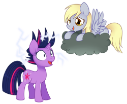 Size: 1100x900 | Tagged: safe, artist:solar-slash, character:derpy hooves, character:twilight sparkle, species:pegasus, species:pony, alternate hairstyle, cloud, duo, electrified, female, lightning, mare, on a cloud, open mouth