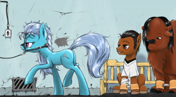 Size: 1418x782 | Tagged: safe, artist:madhotaru, character:screw loose, species:buffalo, species:pony, bridle, butt, chief bromden, crossover, female, hospital, jack nicholson, mare, one flew over the cuckoo's nest, plot, ponified, randle mcmurphy, sitting, tack