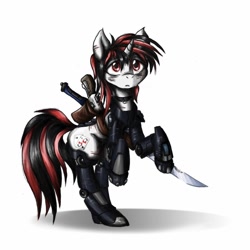 Size: 894x894 | Tagged: dead source, safe, artist:whitepone, oc, oc only, oc:blackjack, species:pony, species:unicorn, fallout equestria, fallout equestria: project horizons, blade, collar, cutie mark, cyborg, fanfic, fanfic art, female, gun, hooves, horn, level 2 (project horizons), mare, melee weapon, pistol, revolver, simple background, solo, sword, weapon, white background