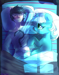 Size: 757x956 | Tagged: safe, artist:mewball, character:lyra heartstrings, oc, oc:anon, species:human, species:pony, species:unicorn, anon with a face, bed, clothing, female, human fetish, human male, humie, male, mare, sleeping, smiling