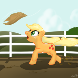Size: 900x900 | Tagged: safe, artist:theparagon, character:applejack, applejack's hat, clothing, female, fence, hat, running, solo