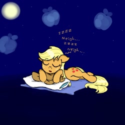 Size: 800x800 | Tagged: safe, artist:ichibangravity, character:applejack, species:earth pony, species:pony, apple, clothing, cloud, cute, eyes closed, female, floppy ears, food, hat, horses doing horse things, jackabetes, mare, moon, neigh, night, open mouth, pillow, prone, sleeping, snoring, solo, stars, zzz