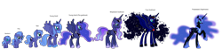 Size: 3840x864 | Tagged: safe, artist:bronybase, artist:firepony-bases, artist:puetsua, artist:starryoak, character:nightmare moon, character:princess luna, species:pony, age difference, age progression, age regression, aging, comparison, ethereal mane, filly, galaxy mane, hoof shoes, older, s1 luna, simple background, transparent background, ultimate luna, woona, younger