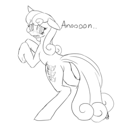 Size: 1000x1000 | Tagged: safe, artist:mewball, character:bon bon, character:sweetie drops, oc, oc:anon, species:earth pony, species:pony, dialogue, female, mare, monochrome, plot, simple background, solo, white background