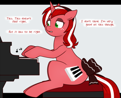 Size: 1200x968 | Tagged: safe, artist:redintravenous, oc, oc only, oc:red ribbon, music, piano, swapped cutie marks, tail bow, tumblr