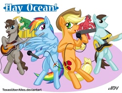 Size: 720x553 | Tagged: safe, artist:texasuberalles, character:applejack, character:rainbow dash, species:earth pony, species:pegasus, species:pony, species:unicorn, ashleigh ball, background pony, bass guitar, clothing, david beckingham, david vertesi, drums, flute, guitar, hat, hey ocean, hey ocean!, keyboard, looking at you, microphone, musical instrument, ponified, pun, wing hands