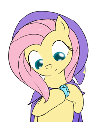 Size: 406x509 | Tagged: safe, artist:theparagon, character:fluttershy, accessory swap, female, solo, the great and powerful, trixie's cape, trixie's hat