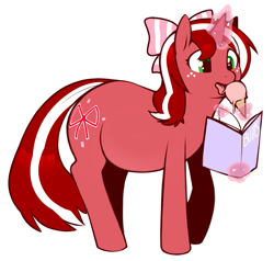 Size: 1313x1249 | Tagged: safe, artist:redintravenous, oc, oc only, oc:red ribbon, species:pony, species:unicorn, book, bow, butts, chubby, fat, hair bow, ice cream, licking, magic, reading, simple background, solo, tongue out, white background