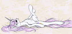 Size: 1280x616 | Tagged: safe, artist:madhotaru, character:fleur-de-lis, anorexic, chest fluff, female, flexible, on back, skinny, solo, stretching