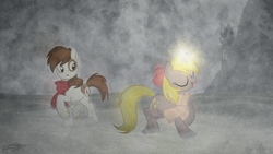Size: 1920x1080 | Tagged: safe, artist:equestria-prevails, artist:jamey4, artist:qsteel, character:dinky hooves, character:pipsqueak, ship:dinkysqueak, canterlot, clothing, magic, mountain, older, scarf, shipping, snow, snowfall, vector, wallpaper