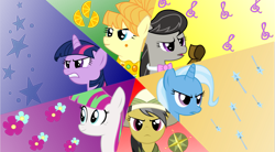 Size: 1024x565 | Tagged: safe, artist:punzil504, character:aunt orange, character:blossomforth, character:daring do, character:octavia melody, character:trixie, character:twilight sparkle, alternate mane six, alternate universe, manehattan 6, manehattan verse
