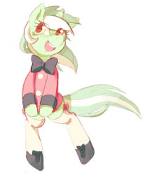 Size: 756x912 | Tagged: safe, artist:mewball, character:lyra heartstrings, species:pony, species:unicorn, bipedal, bow, clothing, cute, dress, eye clipping through hair, female, lyrabetes, mare, open mouth, shoes, solo, thigh highs