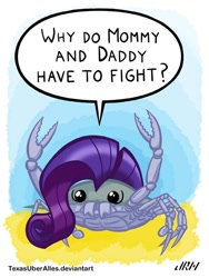 Size: 432x576 | Tagged: safe, artist:texasuberalles, character:rarity, parent:rarity, species:crab, female, half-breed, hybrid, interspecies offspring, meme, offspring, parent:giant crab, rarity fighting a giant crab, solo, wat