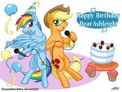 Size: 756x575 | Tagged: safe, artist:texasuberalles, character:applejack, character:rainbow dash, species:earth pony, species:pegasus, species:pony, ashleigh ball, balloon, birthday, birthday cake, cake, cupcake, duo, flute, food, looking at you, microphone, musical instrument, wing hands