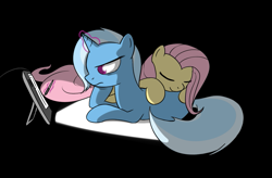 Size: 917x602 | Tagged: safe, artist:theparagon, character:fluttershy, character:trixie, ship:trixieshy, female, lesbian, levitation, magic, shipping, sleeping, tablet