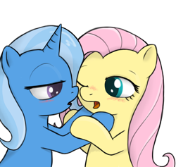 Size: 1000x947 | Tagged: safe, artist:theparagon, character:fluttershy, character:trixie, ship:trixieshy, blushing, female, lesbian, shipping