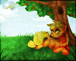 Size: 1280x1024 | Tagged: safe, artist:imalou, character:applejack, species:earth pony, species:pony, apple, dappled sunlight, female, mare, prone, rainbow, smiling, solo, tree