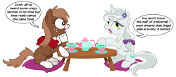 Size: 1950x850 | Tagged: safe, artist:equestria-prevails, character:opalescence, character:winona, species:earth pony, species:pony, species:unicorn, g4, alternate universe, bandana, bow, duo, female, hair bow, implied angel bunny, mare, pet, pillow, ponified, ponified pony pets, simple background, sitting, socks (coat marking), species swap, table, tea, teacup, teapot, transparent background