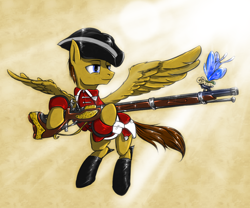 Size: 1290x1075 | Tagged: safe, artist:madhotaru, oc, oc only, british, british army, butterfly, clothing, gun, hat, line infantry, military, musket, red coat, soldier, tricorne, uniform, weapon