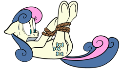 Size: 1792x1024 | Tagged: safe, artist:colossalstinker, character:bon bon, character:sweetie drops, species:earth pony, species:pony, bon bon is not amused, bondage, cutie mark, female, floppy ears, gag, hogtied, hooves, lying down, mare, plot, rope, simple background, solo, sweat, tape, tape gag, tied up, transparent background, underhoof