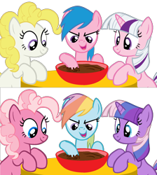 Size: 1436x1602 | Tagged: safe, artist:colossalstinker, character:firefly, character:pinkie pie, character:pinkie pie (g3), character:rainbow dash, character:rainbow dash (g3), character:surprise, character:twilight sparkle, g1, g3, chocolate, food, g1 to g4, g3 to g4, generation leap, pudding, recolor, square crossover, twilight twinkle