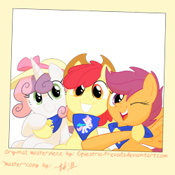 Size: 2000x2000 | Tagged: safe, artist:equestria-prevails, artist:lightningnickel, character:apple bloom, character:scootaloo, character:sweetie belle, species:pegasus, species:pony, adorabloom, cute, cutealoo, cutie mark crusaders, diasweetes, the ti gao project