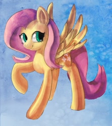 Size: 740x839 | Tagged: safe, artist:mewball, character:fluttershy, species:pegasus, species:pony, female, looking sideways, mare, raised hoof, smiling, solo, spread wings, standing, three quarter view, wings