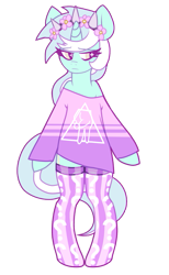 Size: 573x932 | Tagged: safe, artist:mewball, character:lyra heartstrings, species:pony, species:unicorn, bipedal, clothing, crown, fashion, female, floral head wreath, pastel goth, semi-anthro, shirt, simple background, socks, soft grunge, solo, stockings, striped socks, transparent background, wingding eyes