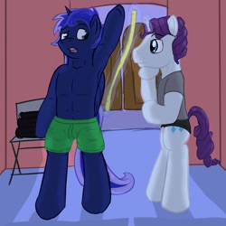 Size: 1280x1280 | Tagged: safe, artist:fuzebox, character:princess luna, character:rarity, bare chest, belly button, boxers, briefs, clothing, elusive, gay, male, prince artemis, rule 63, topless, underwear