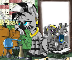 Size: 1500x1250 | Tagged: safe, artist:madhotaru, character:zecora, oc, species:zebra, book, chemistry, experiment, laboratory, periodic table, quill, science