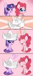 Size: 750x1730 | Tagged: safe, artist:solar-slash, character:pinkie pie, character:twilight sparkle, chibi, clothing, comic, hat