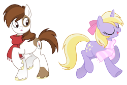 Size: 2400x1600 | Tagged: safe, artist:equestria-prevails, character:dinky hooves, character:pipsqueak, species:earth pony, species:pony, species:unicorn, ship:dinkysqueak, clothing, eyes closed, female, male, older, scarf, shipping, simple background, straight, transparent background, twitterpated