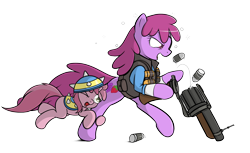 Size: 1960x1200 | Tagged: safe, artist:theparagon, character:berry punch, character:berryshine, character:ruby pinch, species:earth pony, species:pony, species:unicorn, bipedal, clothing, demoberry, demoman, drunk, glare, grenade, grenade launcher, helmet, open mouth, parody, smiling, team fortress 2, wink