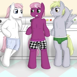 Size: 1280x1280 | Tagged: safe, artist:fuzebox, character:cheerilee, character:derpy hooves, character:nurse redheart, species:pony, bare chest, belly button, bipedal, boxer briefs, boxers, briefs, clothing, dopey hooves, jubilance, laundry, male, nurse redhoof, rule 63, topless, underwear