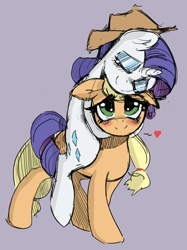Size: 702x940 | Tagged: safe, artist:allosaurus, artist:mewball, character:applejack, character:rarity, species:earth pony, species:pony, species:unicorn, ship:rarijack, accessory swap, blushing, clothing, eyes closed, female, hat, heart, lesbian, mare, piggyback ride, ponies riding ponies, purple background, shipping, simple background, smiling, the hat