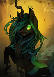 Size: 1124x1600 | Tagged: safe, artist:imalou, character:queen chrysalis, species:changeling, backlighting, changeling queen, female, glowing eyes, hair over one eye, solo